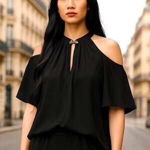 Michael Kors Cold‑Shoulder Blouse with Gold Chain Neckline • Size L • BLACK